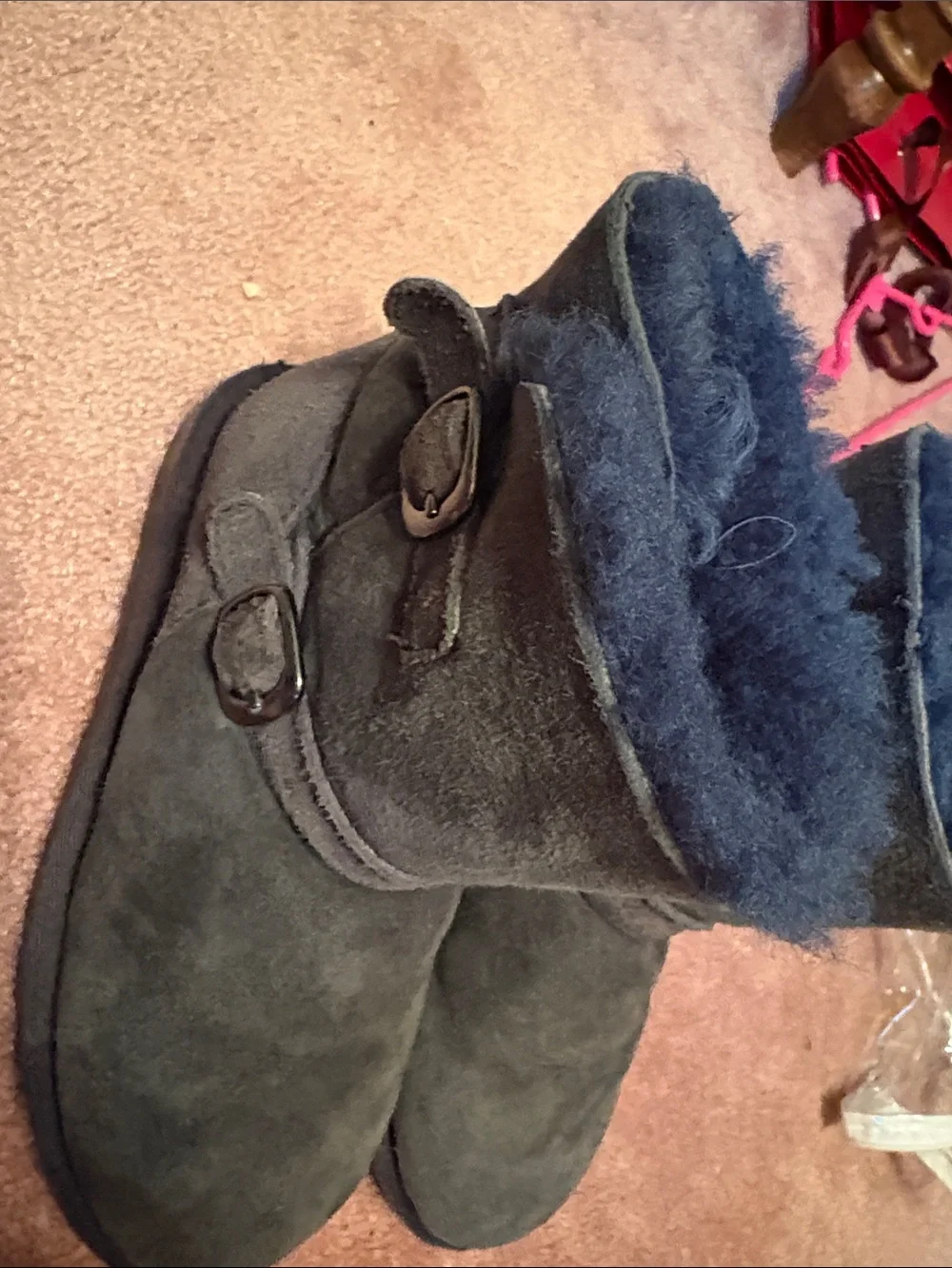 Kids Navy Leather Shearling Winter Boots Sz 13